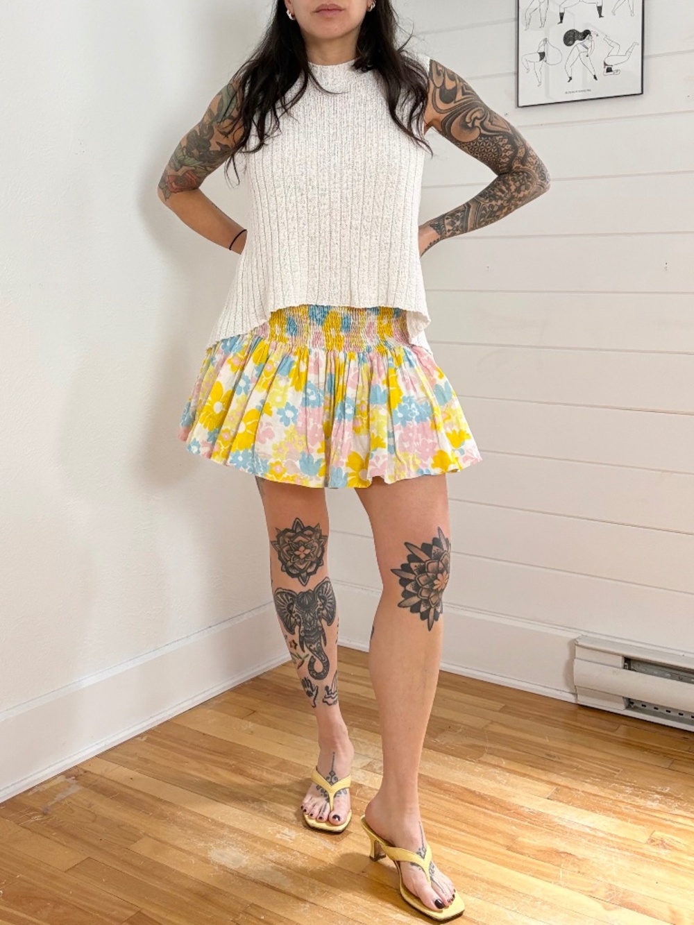 Place nationale linen floral smocked skirt